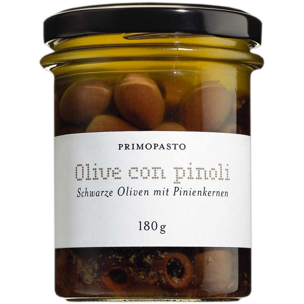 Schwarze Oliven mit Pinienkernen, 180 g