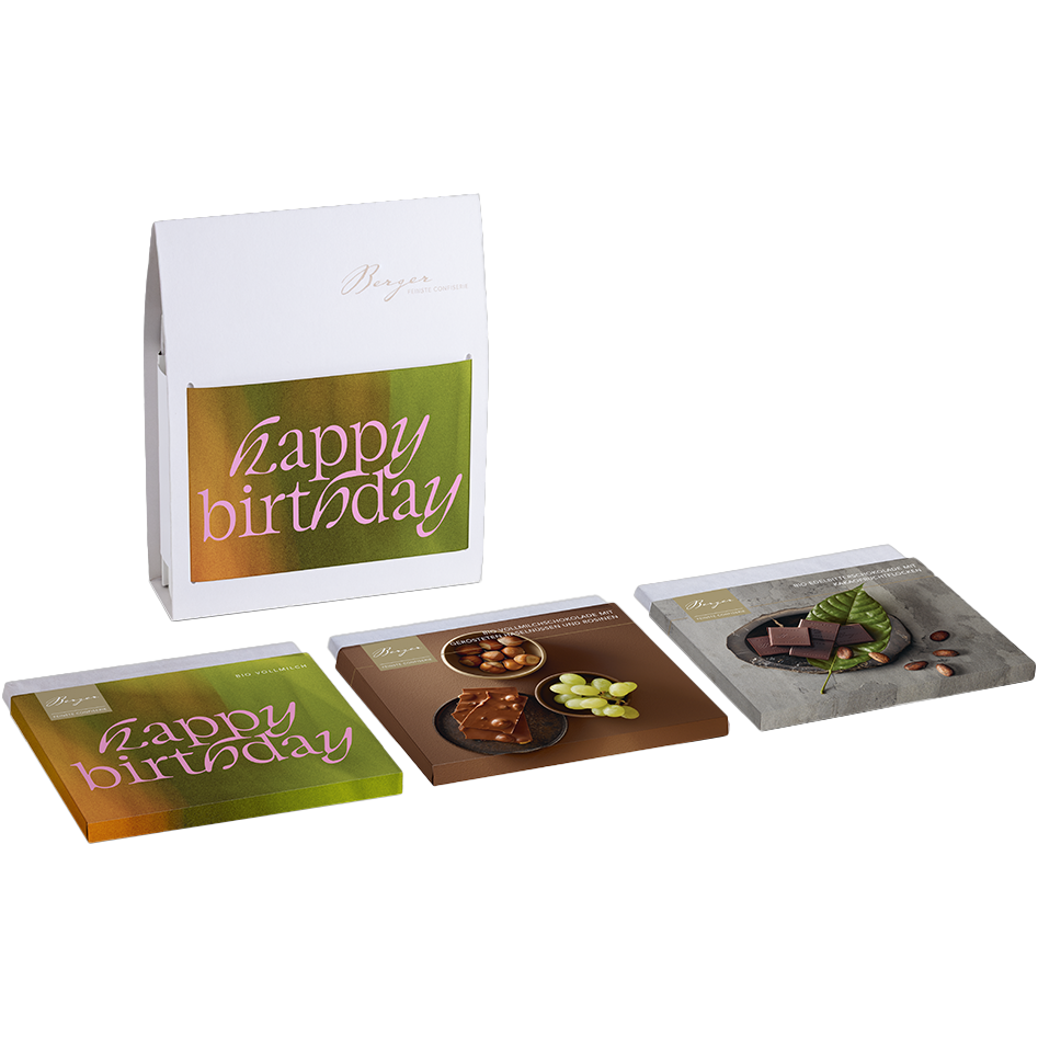 3er Schokoladen-Tafelset "Happy Birthday" Bio, 260 g