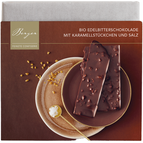 Edelbitterschokolade mit Karamellstückchen und Salz Bio, 90 g