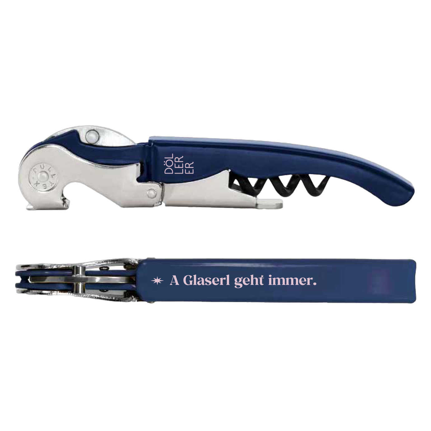 Korkenzieher dunkelblau navy  „A Glaserl geht immer“, Schrift rosa