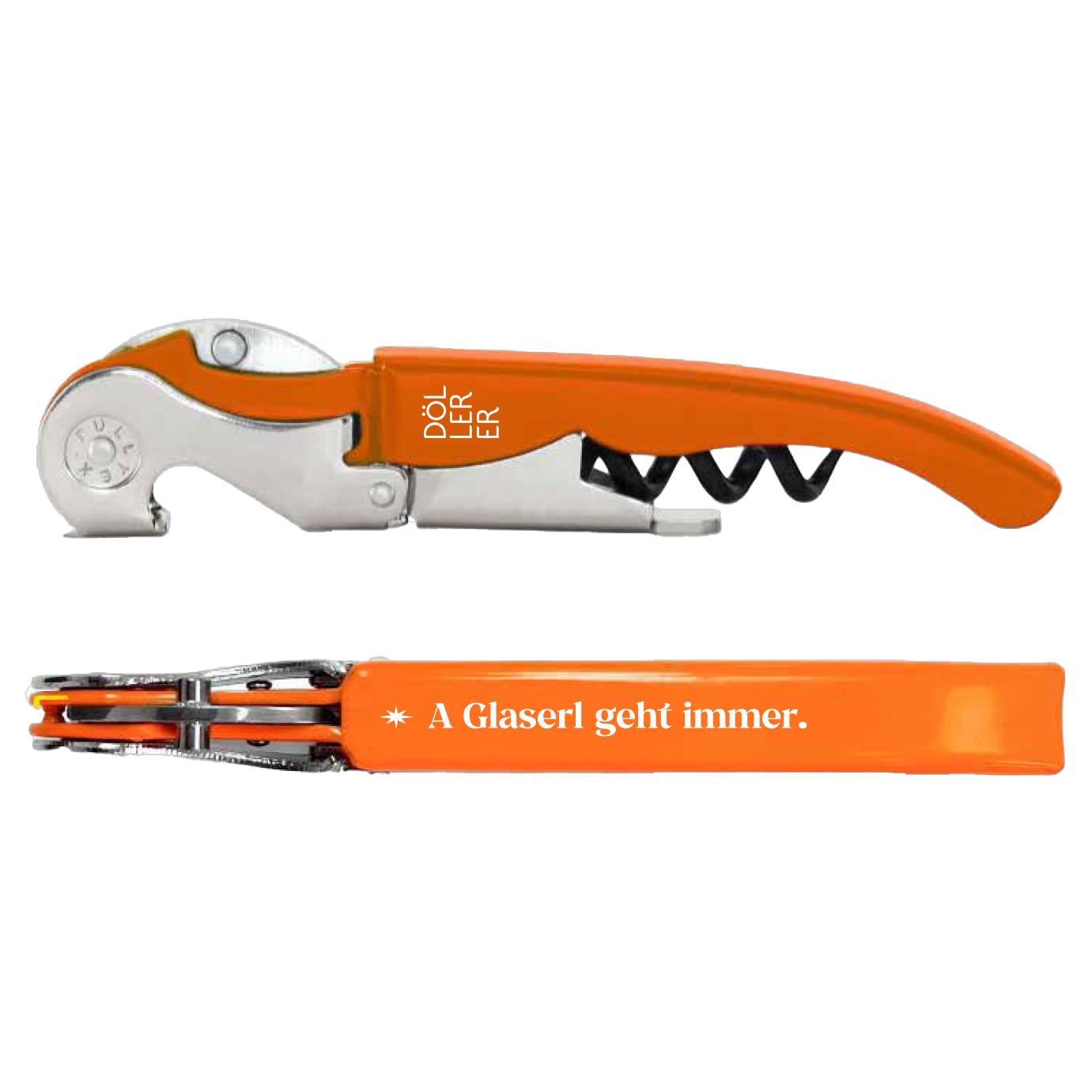 Korkenzieher orange “A Glaserl geht immer“, Schrift weiß